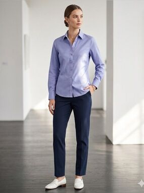 Foxcroft Non-Iron Shaped Fit Women's 4 Blue Button-Up Shirt Blouse S Cotton